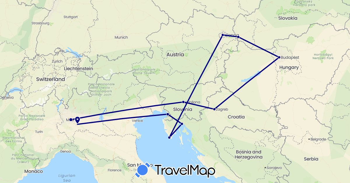 TravelMap itinerary: driving in Austria, Croatia, Hungary, Italy, Slovenia, Slovakia (Europe)