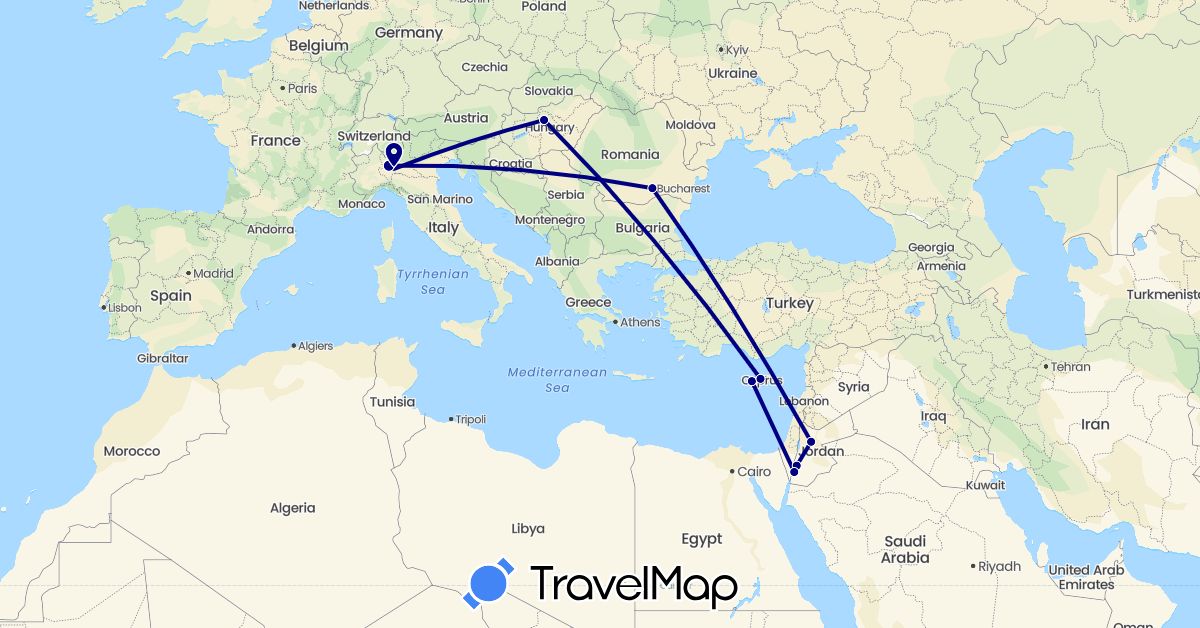 TravelMap itinerary: driving in Cyprus, Hungary, Italy, Jordan, Romania (Asia, Europe)